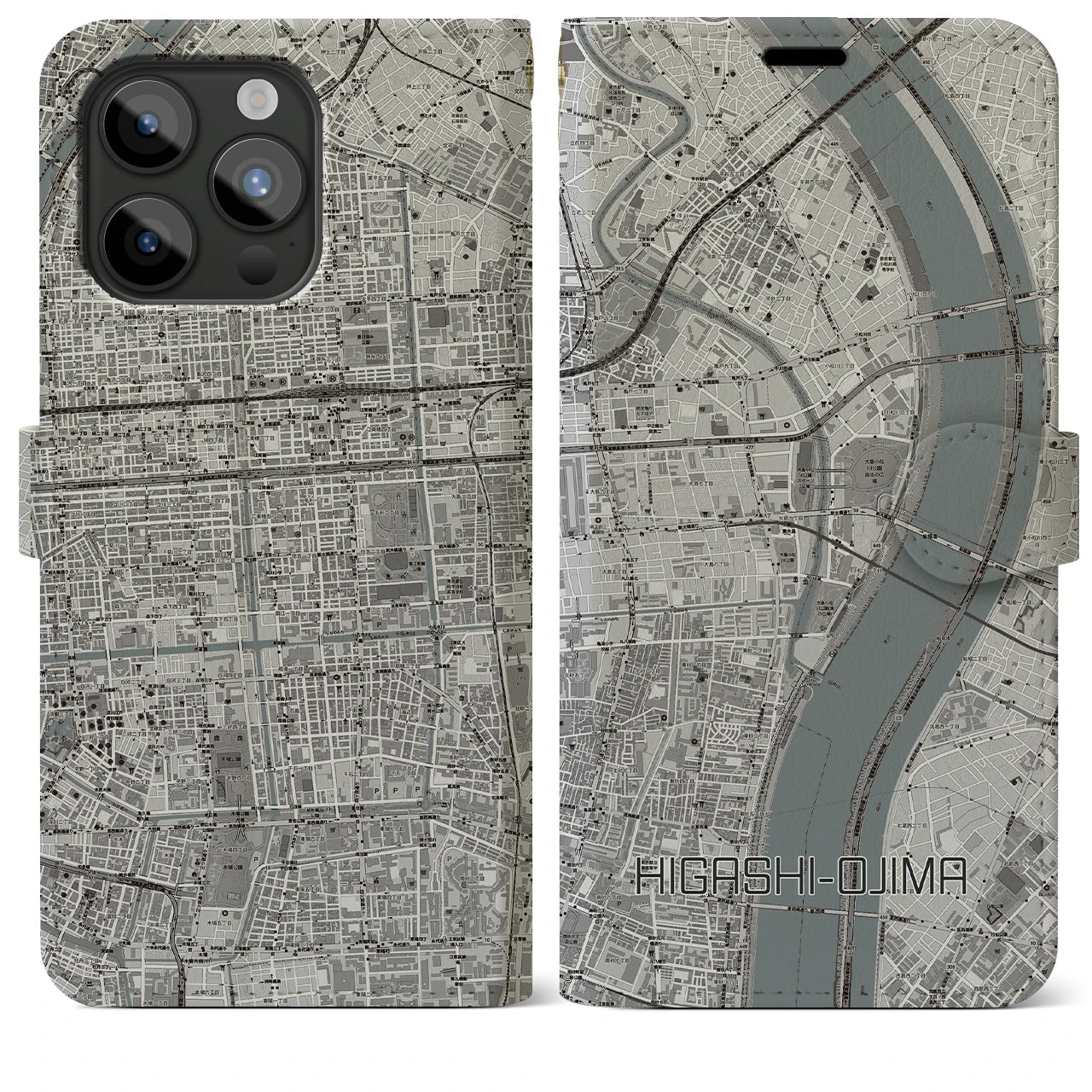 【東大島(東京都)】地図柄iPhoneケース(手帳タイプ)モノトーン・iPhone 15 Pro Max 用