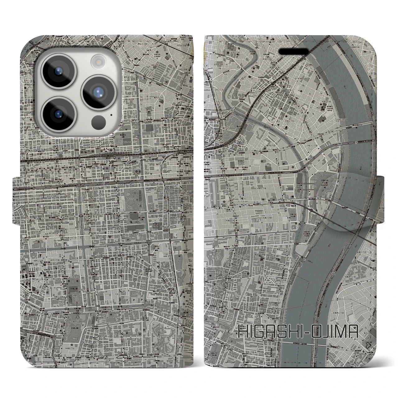 【東大島(東京都)】地図柄iPhoneケース(手帳タイプ)モノトーン・iPhone 15 Pro 用