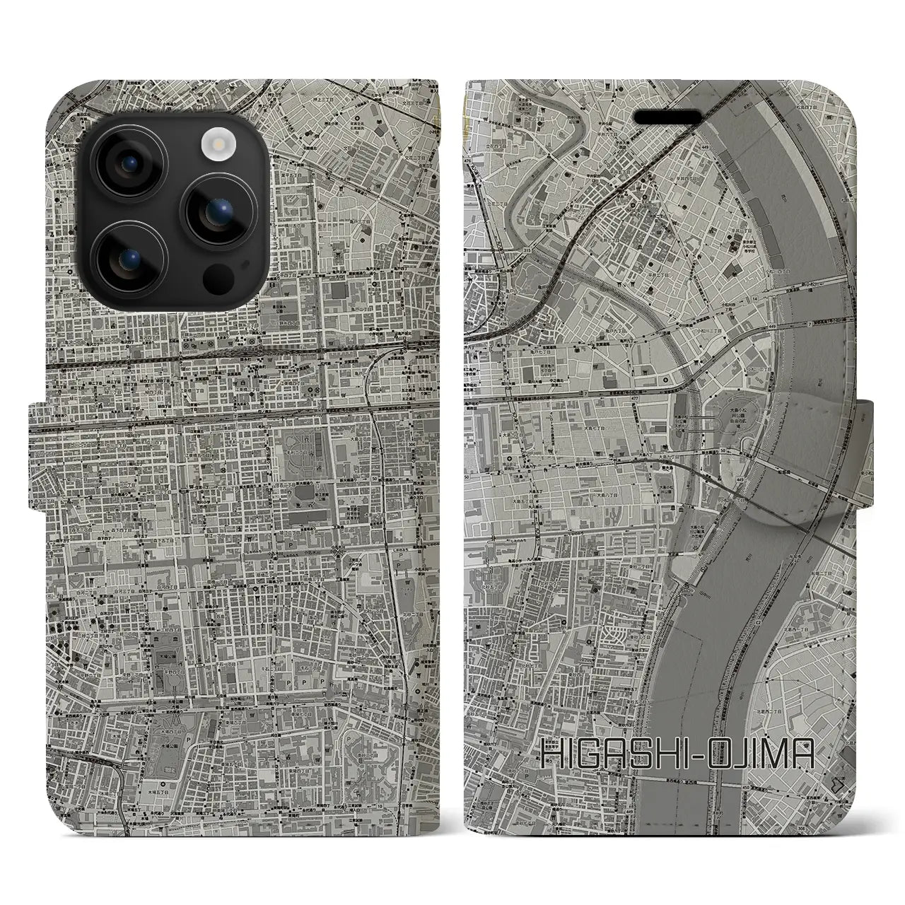 【東大島(東京都)】地図柄iPhoneケース(手帳タイプ)モノトーン・iPhone 16 用