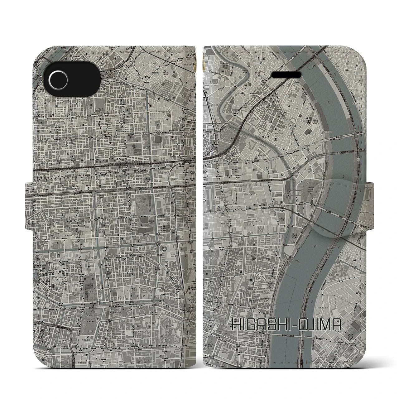 【東大島(東京都)】地図柄iPhoneケース(手帳タイプ)モノトーン・iPhone SE(第3 / 第2世代) / 8 / 7 / 6s / 6 用