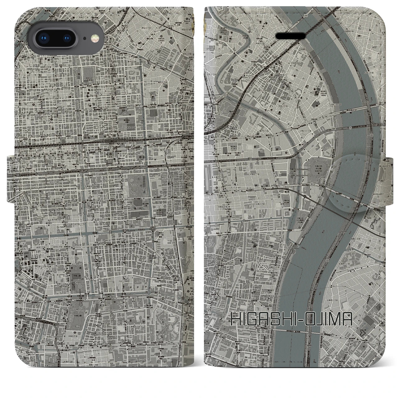 【東大島(東京都)】地図柄iPhoneケース(手帳タイプ)モノトーン・iPhone 8Plus /7Plus / 6sPlus / 6Plus 用