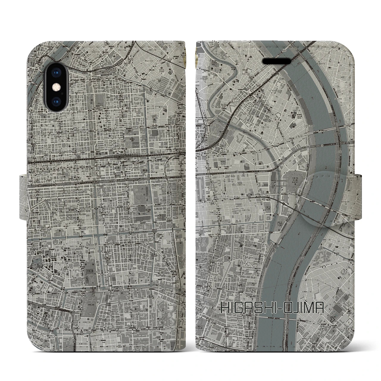 【東大島(東京都)】地図柄iPhoneケース(手帳タイプ)モノトーン・iPhone XS / X 用