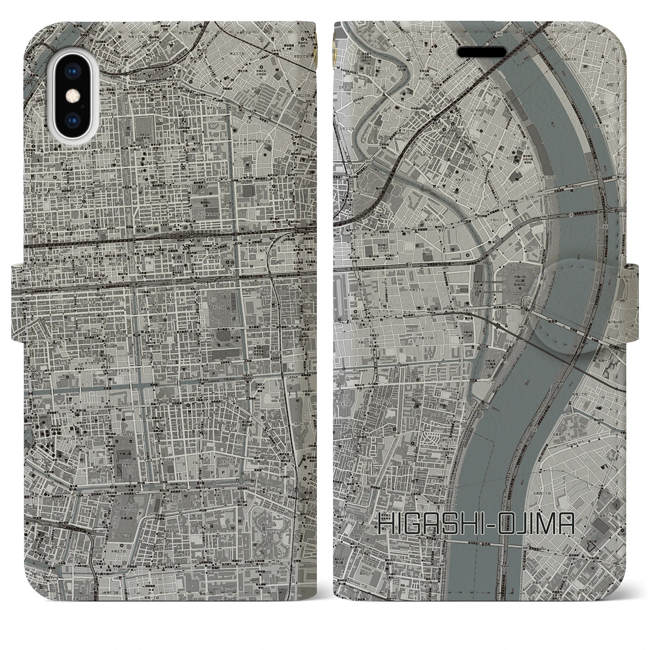 【東大島(東京都)】地図柄iPhoneケース(手帳タイプ)モノトーン・iPhone XS Max 用