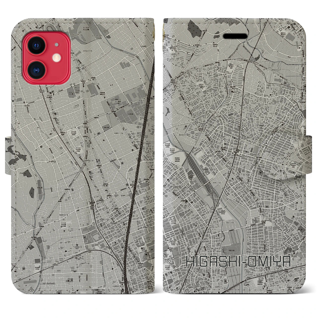 【東大宮(埼玉県)】地図柄iPhoneケース(手帳タイプ)モノトーン・iPhone 11 用