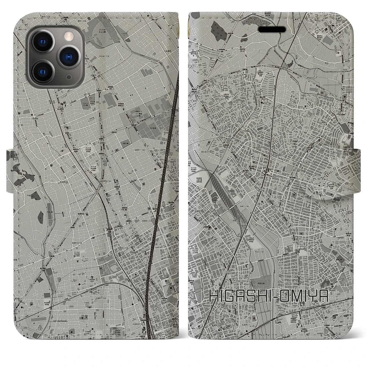 【東大宮(埼玉県)】地図柄iPhoneケース(手帳タイプ)モノトーン・iPhone 11 Pro Max 用