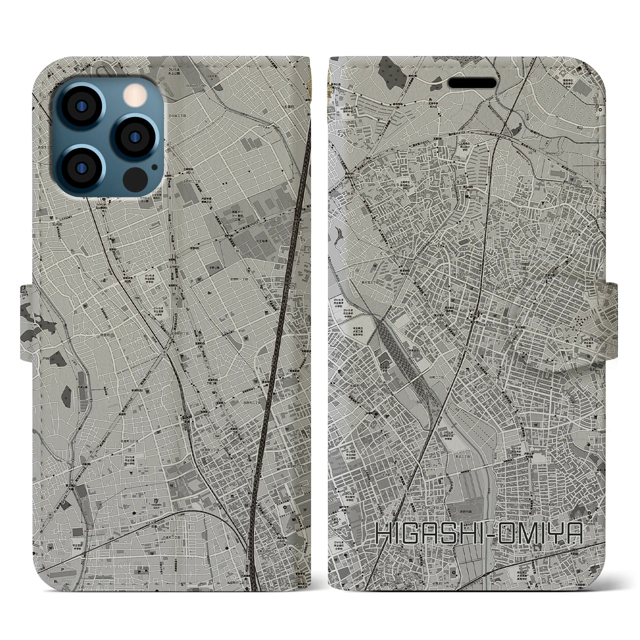 【東大宮(埼玉県)】地図柄iPhoneケース(手帳タイプ)モノトーン・iPhone 12 / 12 Pro 用