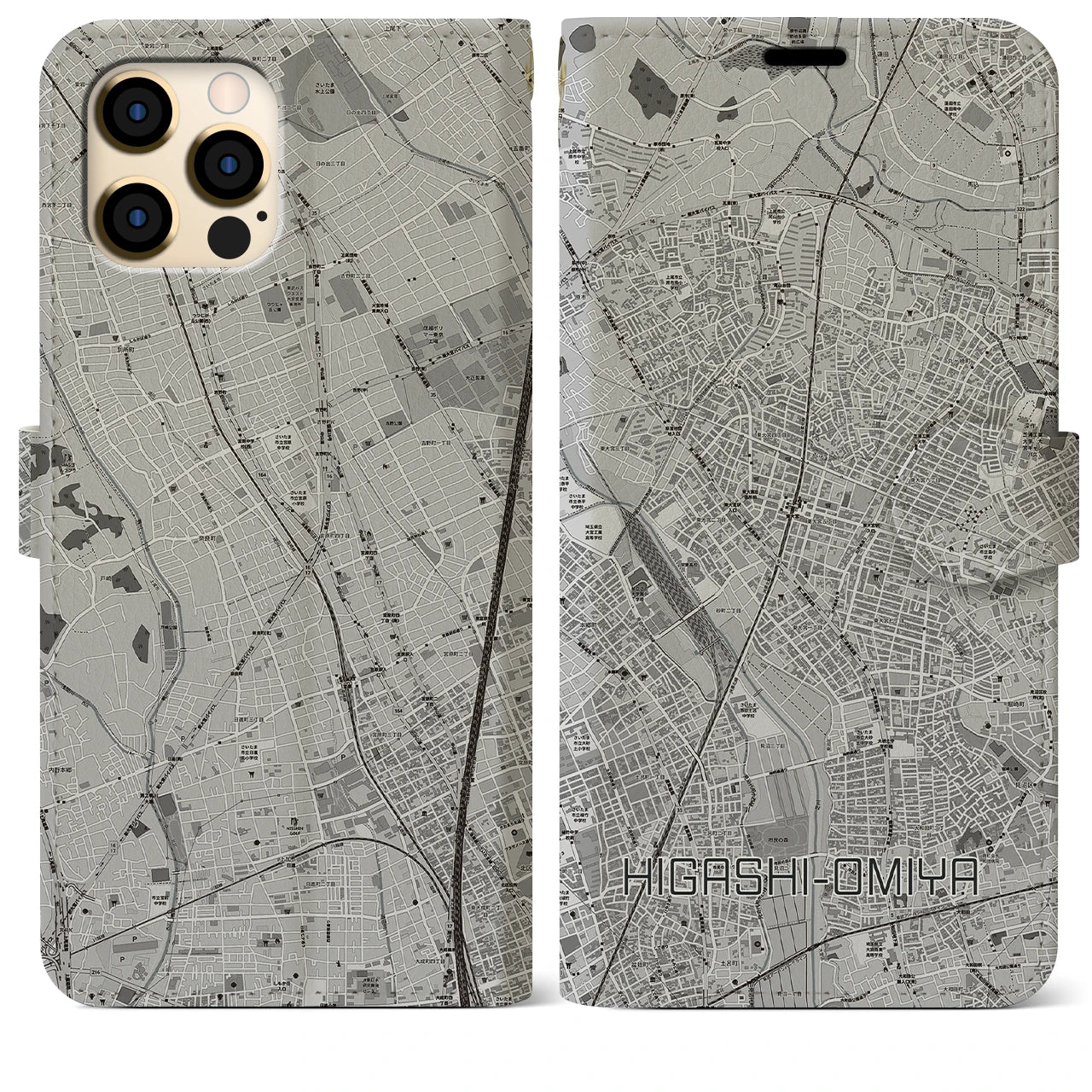 【東大宮(埼玉県)】地図柄iPhoneケース(手帳タイプ)モノトーン・iPhone 12 Pro Max 用