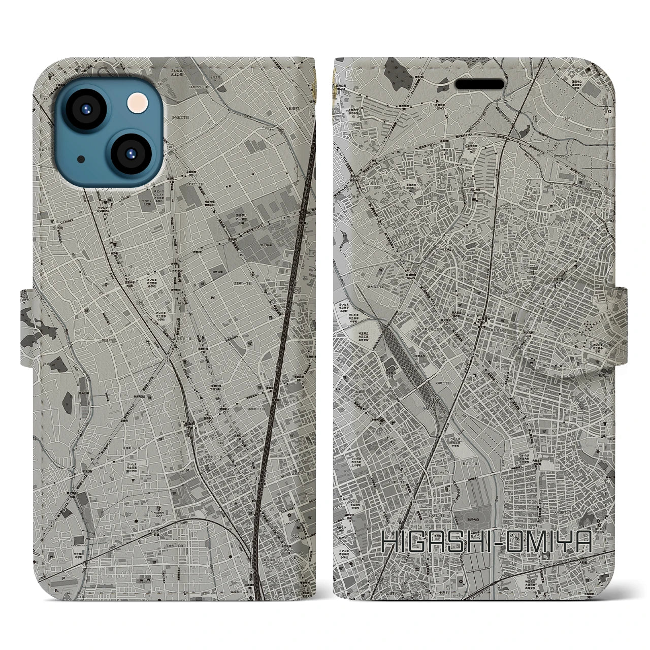 【東大宮(埼玉県)】地図柄iPhoneケース(手帳タイプ)モノトーン・iPhone 13 用