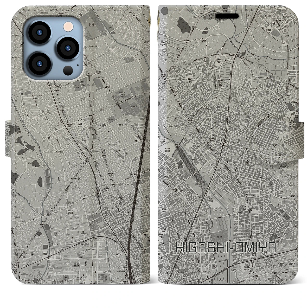 【東大宮(埼玉県)】地図柄iPhoneケース(手帳タイプ)モノトーン・iPhone 13 Pro Max 用