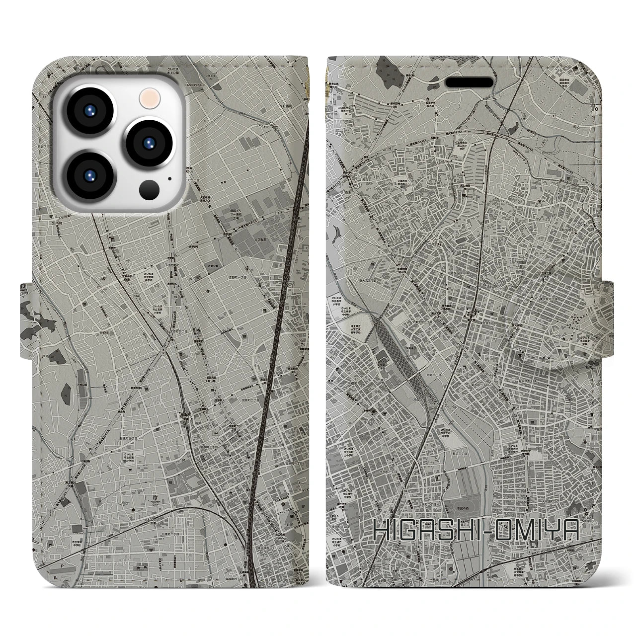 【東大宮(埼玉県)】地図柄iPhoneケース(手帳タイプ)モノトーン・iPhone 13 Pro 用