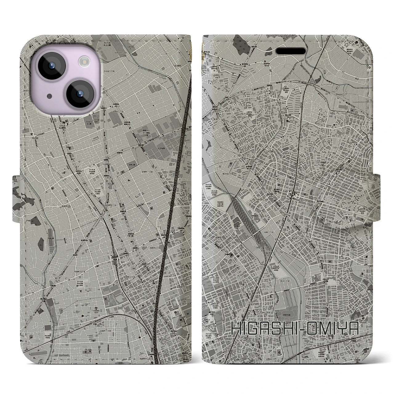 【東大宮(埼玉県)】地図柄iPhoneケース(手帳タイプ)モノトーン・iPhone 14 用
