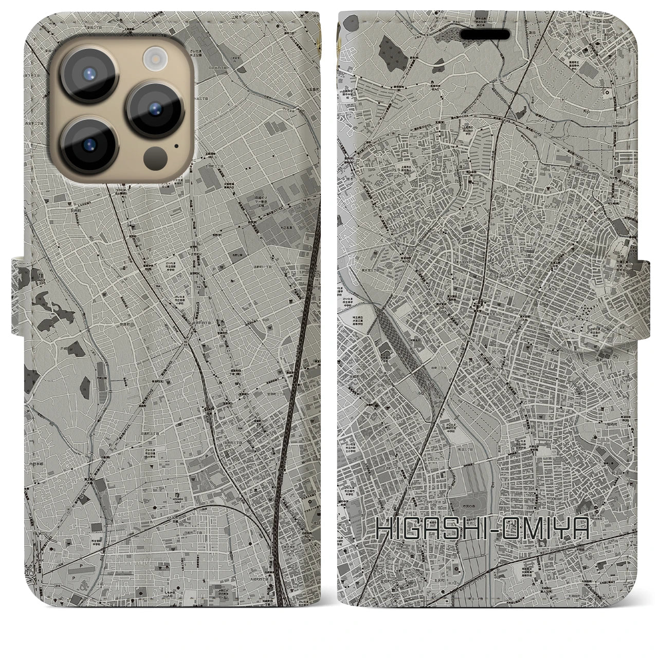 【東大宮(埼玉県)】地図柄iPhoneケース(手帳タイプ)モノトーン・iPhone 14 Pro Max 用