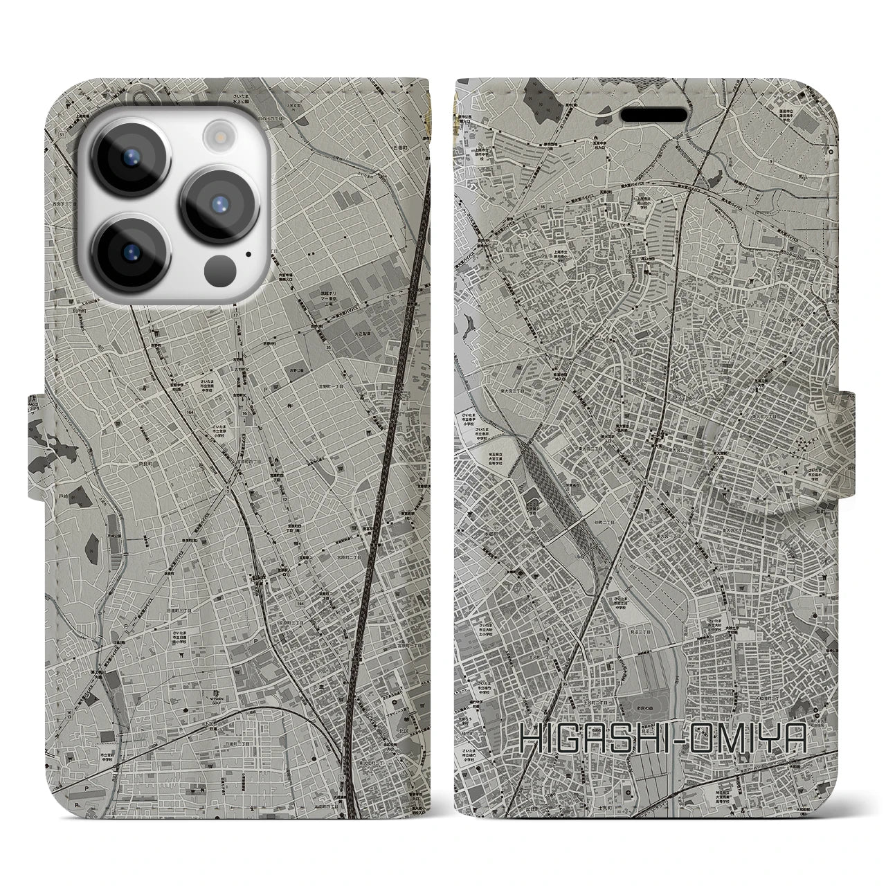 【東大宮(埼玉県)】地図柄iPhoneケース(手帳タイプ)モノトーン・iPhone 14 Pro 用
