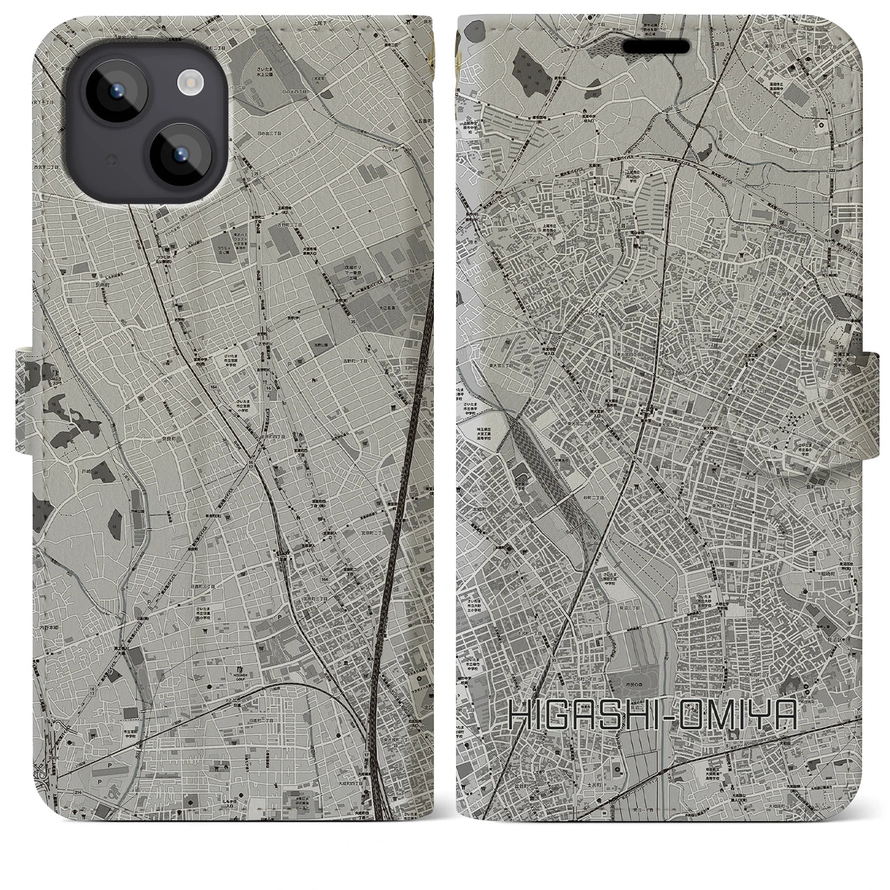 【東大宮(埼玉県)】地図柄iPhoneケース(手帳タイプ)モノトーン・iPhone 14 Plus 用
