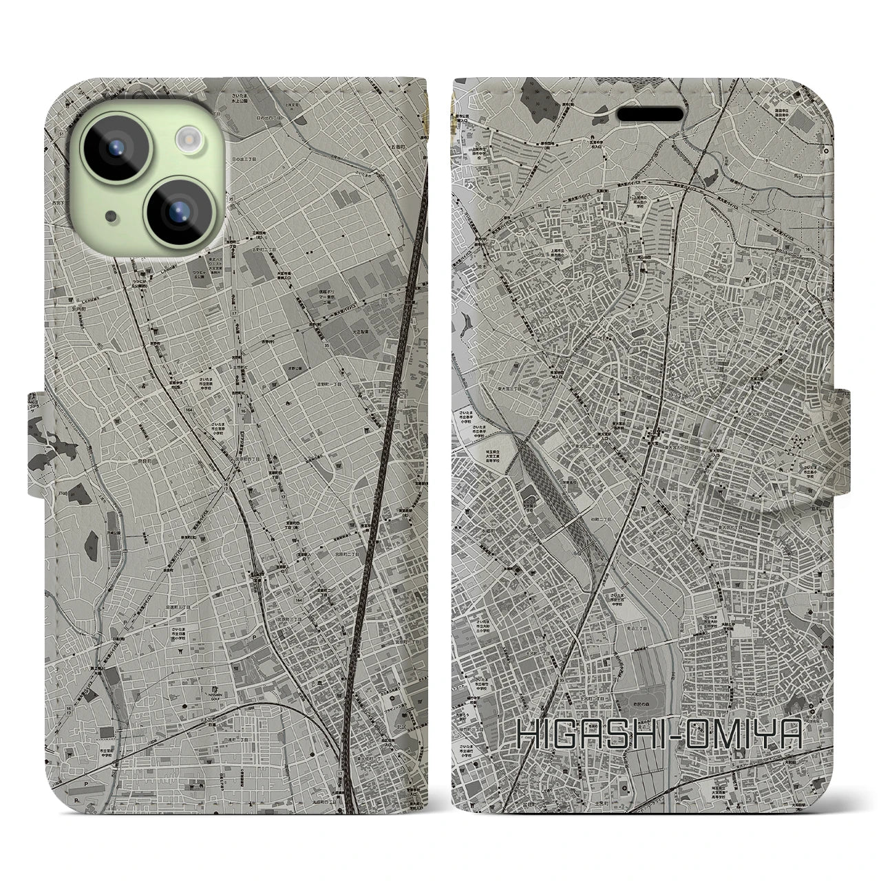 【東大宮(埼玉県)】地図柄iPhoneケース(手帳タイプ)モノトーン・iPhone 15 用