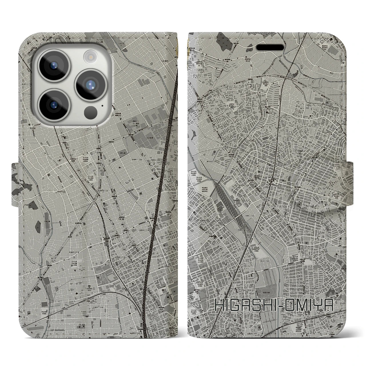 【東大宮(埼玉県)】地図柄iPhoneケース(手帳タイプ)モノトーン・iPhone 15 Pro 用