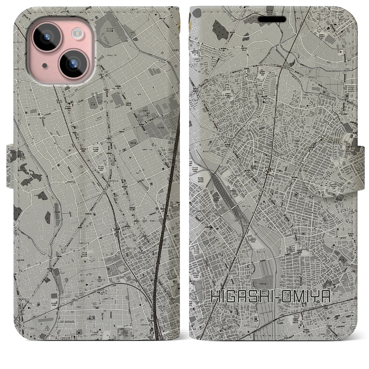 【東大宮(埼玉県)】地図柄iPhoneケース(手帳タイプ)モノトーン・iPhone 15 Plus 用