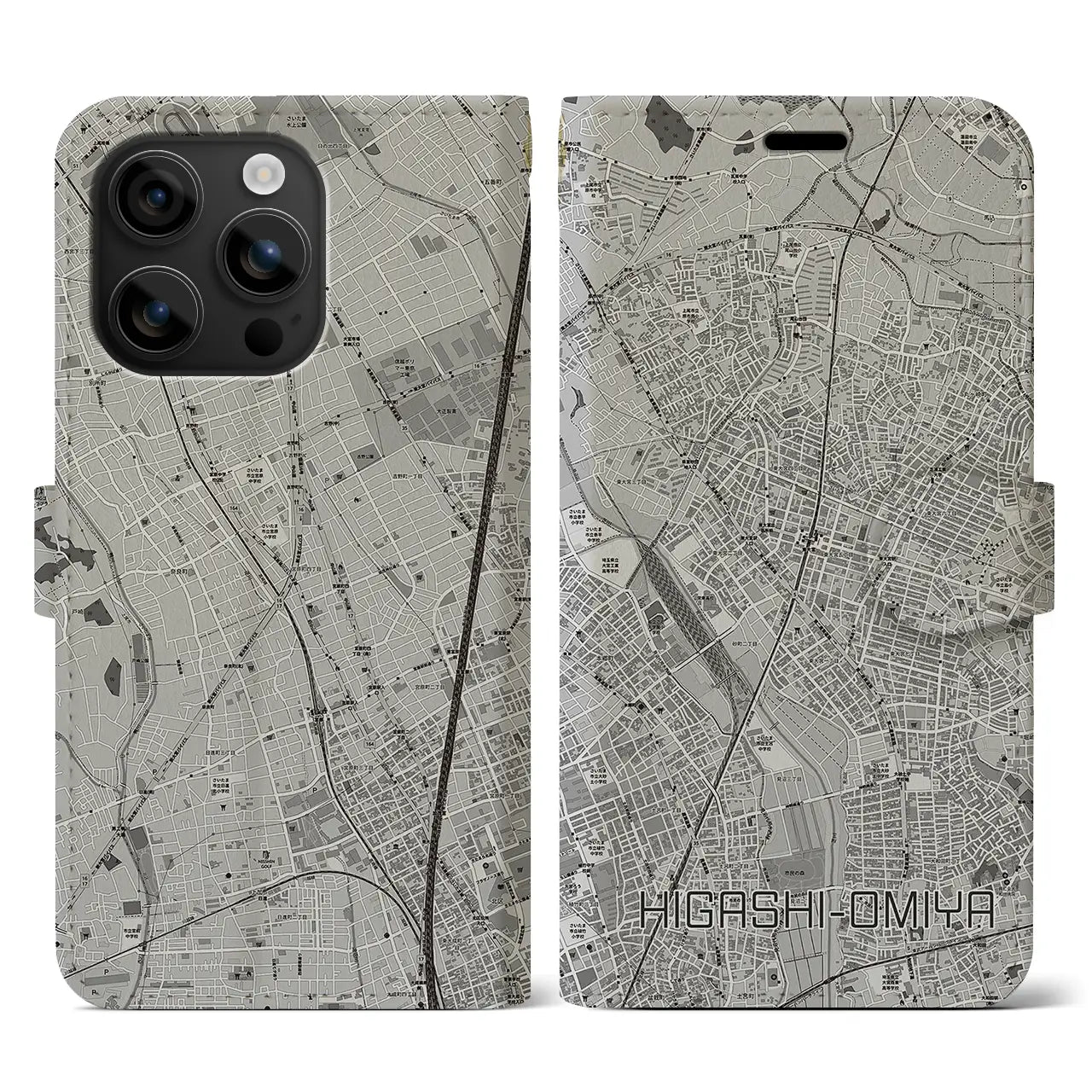 【東大宮(埼玉県)】地図柄iPhoneケース(手帳タイプ)モノトーン・iPhone 16 用