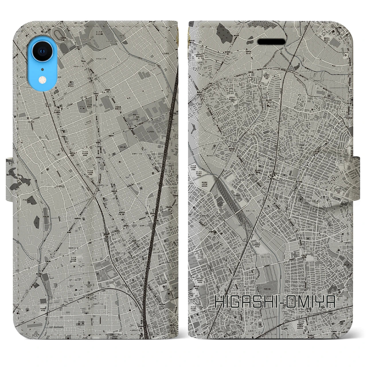 【東大宮(埼玉県)】地図柄iPhoneケース(手帳タイプ)モノトーン・iPhone XR 用