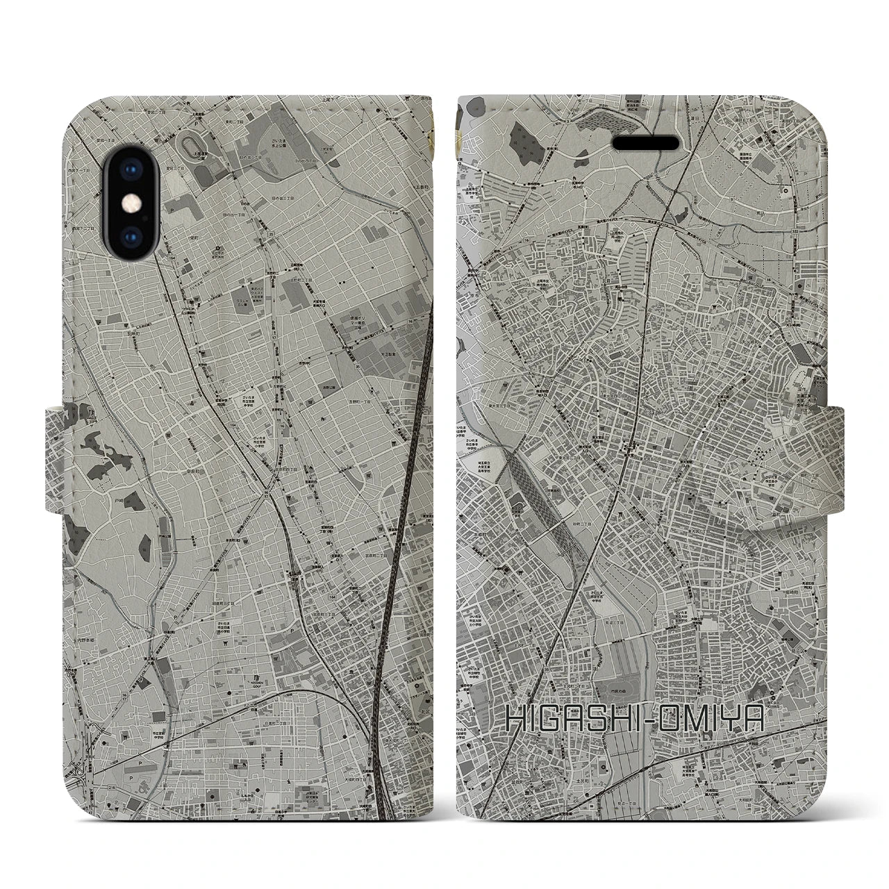 【東大宮(埼玉県)】地図柄iPhoneケース(手帳タイプ)モノトーン・iPhone XS / X 用