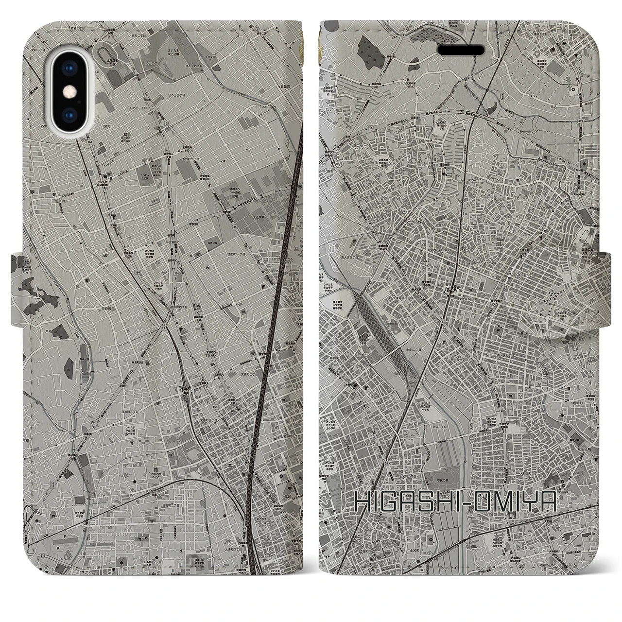 【東大宮(埼玉県)】地図柄iPhoneケース(手帳タイプ)モノトーン・iPhone XS Max 用