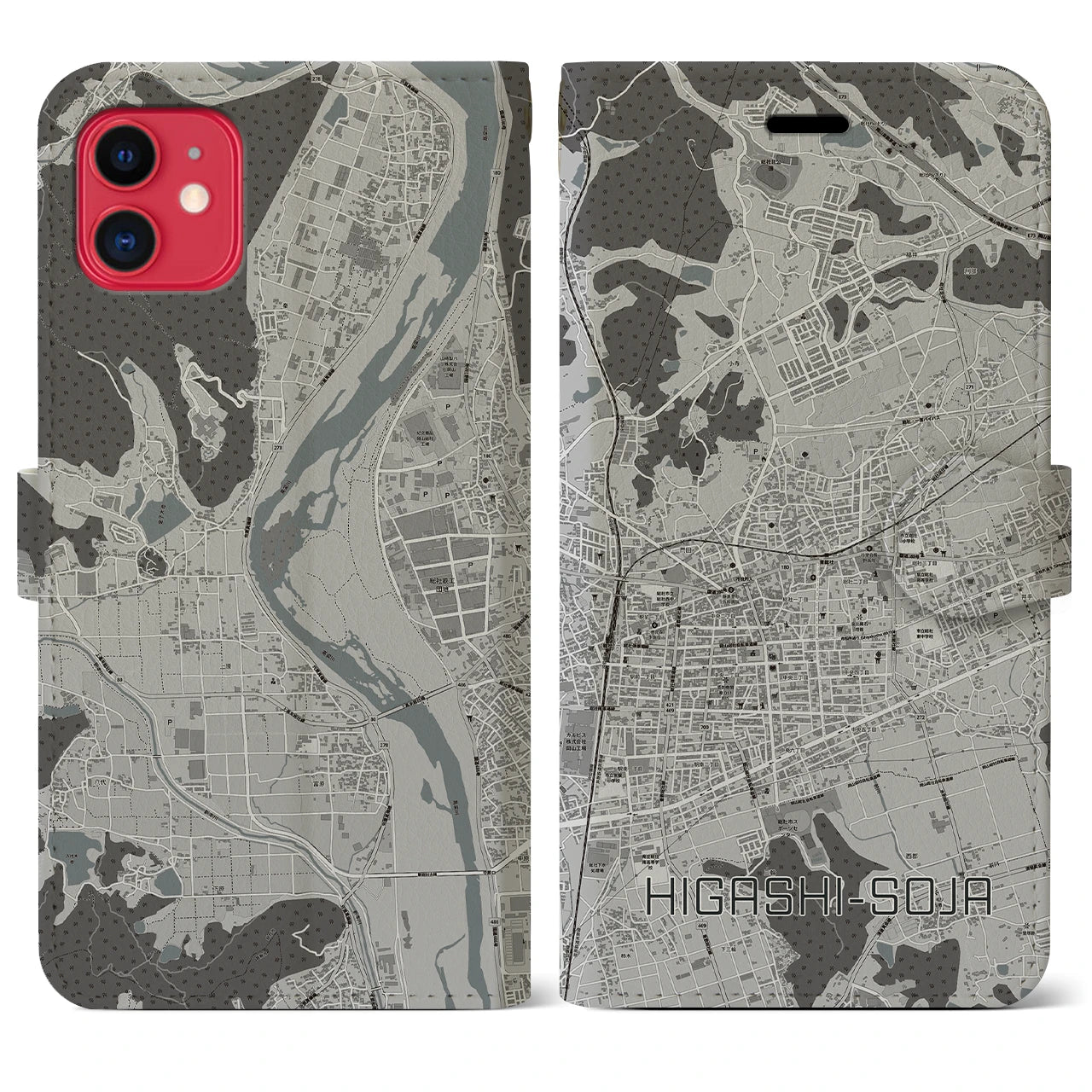 【東総社(岡山県)】地図柄iPhoneケース(手帳タイプ)モノトーン・iPhone 11 用