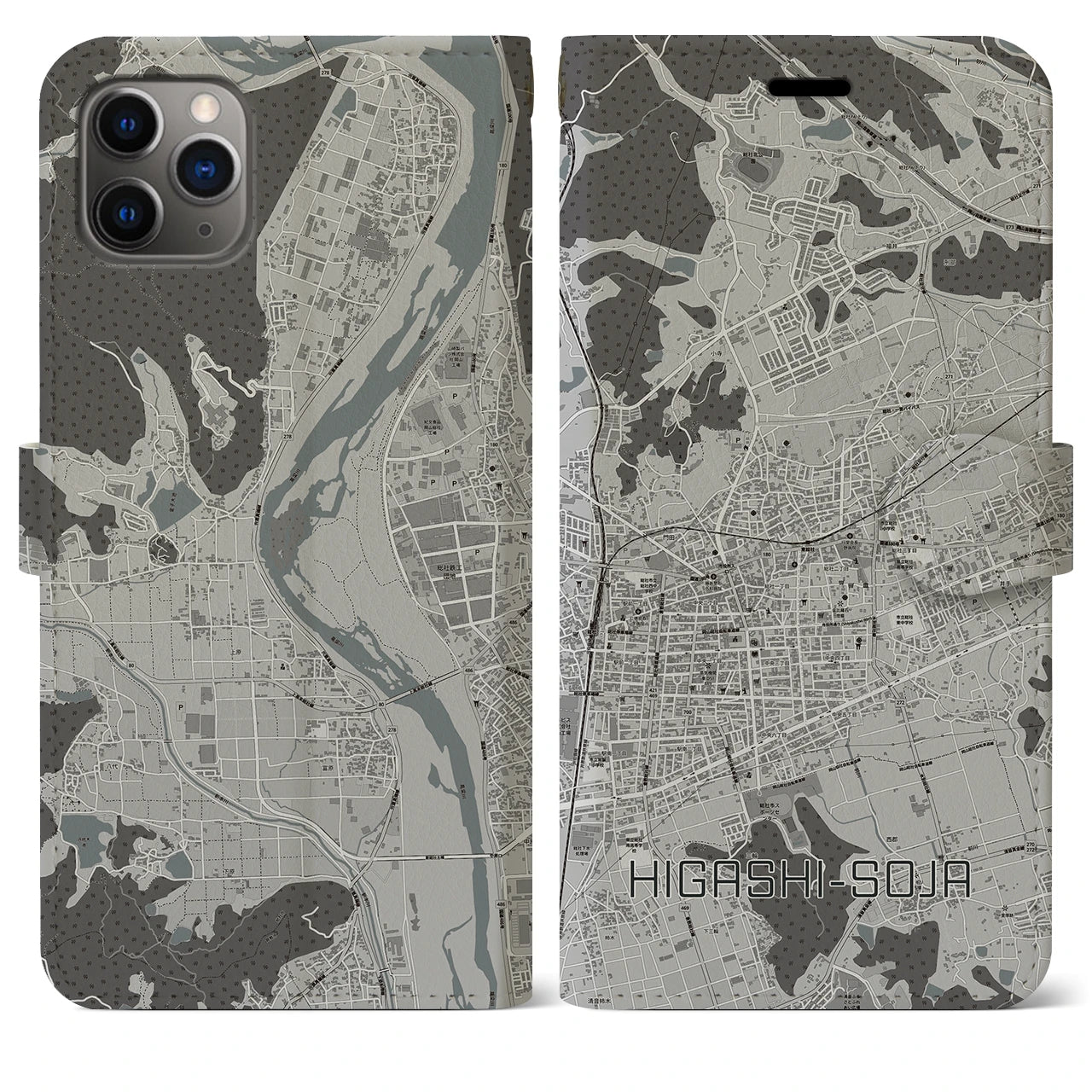 【東総社(岡山県)】地図柄iPhoneケース(手帳タイプ)モノトーン・iPhone 11 Pro Max 用