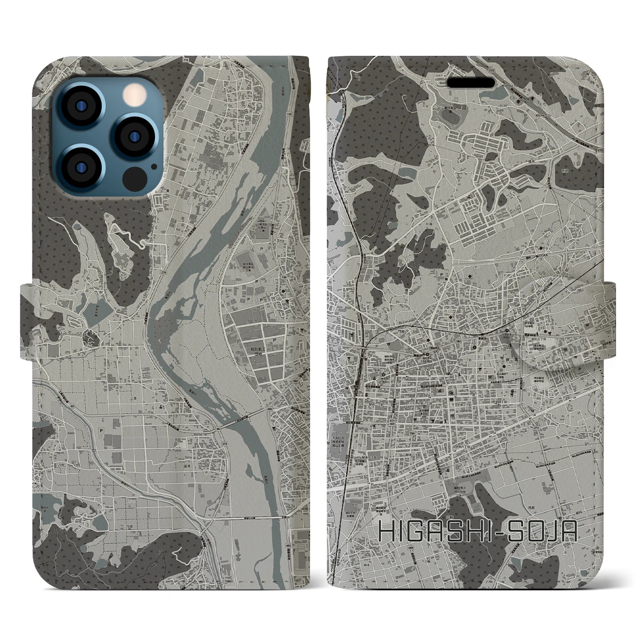 【東総社(岡山県)】地図柄iPhoneケース(手帳タイプ)モノトーン・iPhone 12 / 12 Pro 用