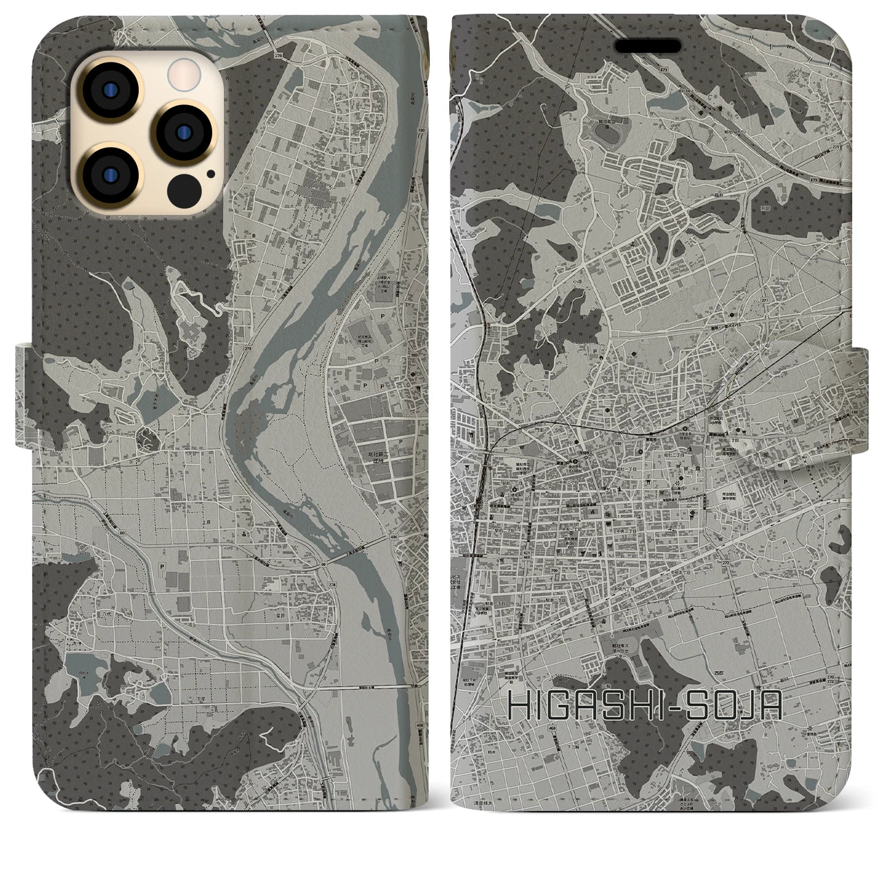 【東総社(岡山県)】地図柄iPhoneケース(手帳タイプ)モノトーン・iPhone 12 Pro Max 用