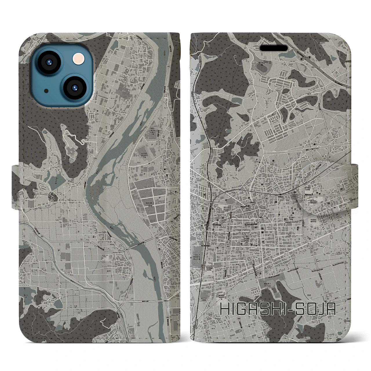 【東総社(岡山県)】地図柄iPhoneケース(手帳タイプ)モノトーン・iPhone 13 用