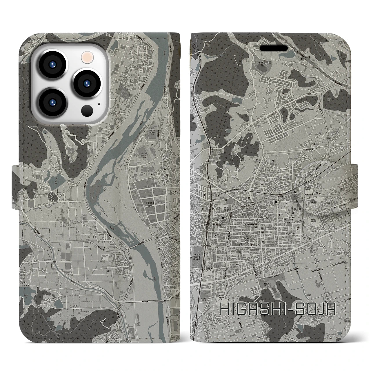【東総社(岡山県)】地図柄iPhoneケース(手帳タイプ)モノトーン・iPhone 13 Pro 用