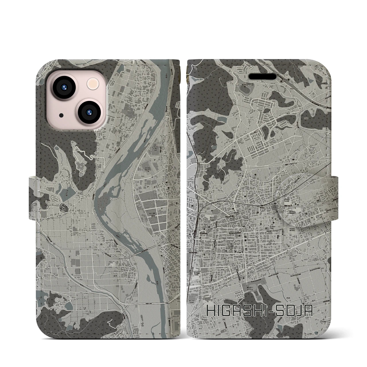 【東総社(岡山県)】地図柄iPhoneケース(手帳タイプ)モノトーン・iPhone 13 mini 用