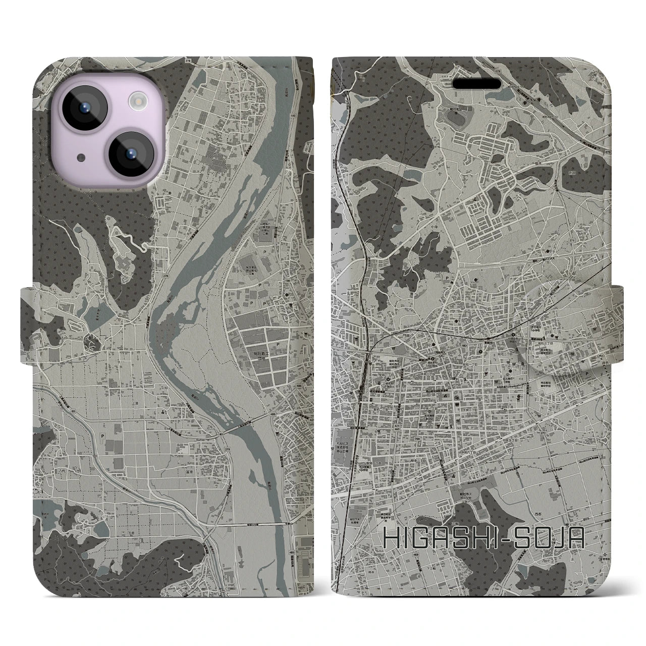 【東総社(岡山県)】地図柄iPhoneケース(手帳タイプ)モノトーン・iPhone 14 用