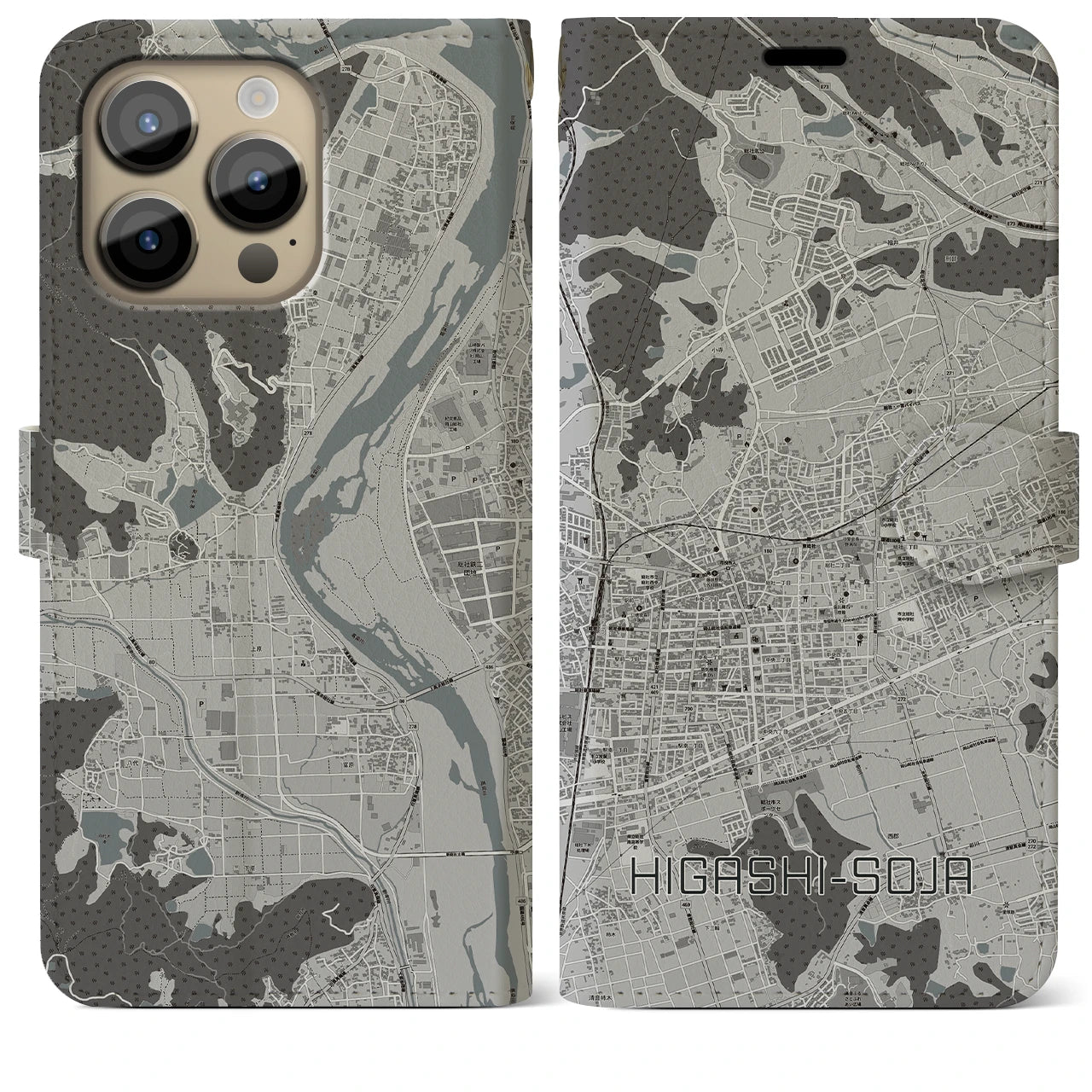 【東総社(岡山県)】地図柄iPhoneケース(手帳タイプ)モノトーン・iPhone 14 Pro Max 用