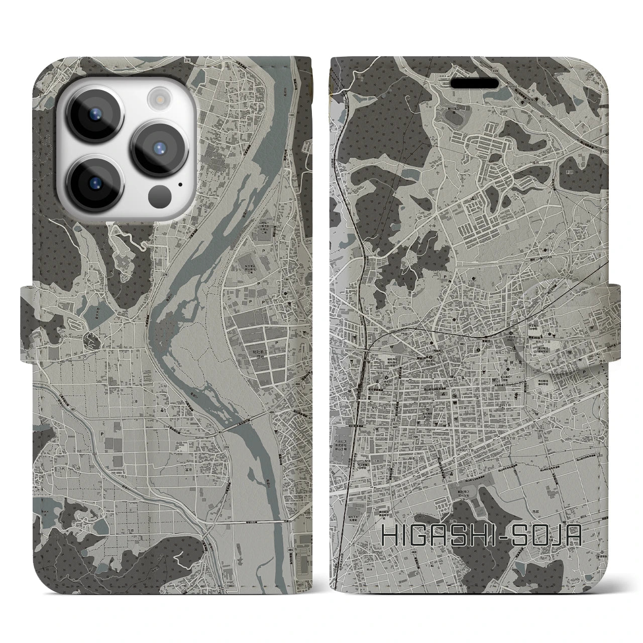【東総社(岡山県)】地図柄iPhoneケース(手帳タイプ)モノトーン・iPhone 14 Pro 用