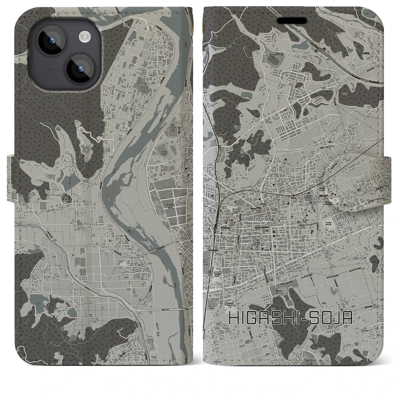 【東総社(岡山県)】地図柄iPhoneケース(手帳タイプ)モノトーン・iPhone 14 Plus 用