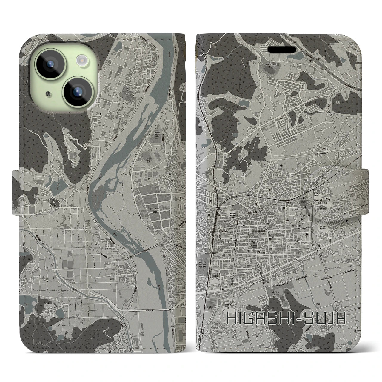 【東総社(岡山県)】地図柄iPhoneケース(手帳タイプ)モノトーン・iPhone 15 用
