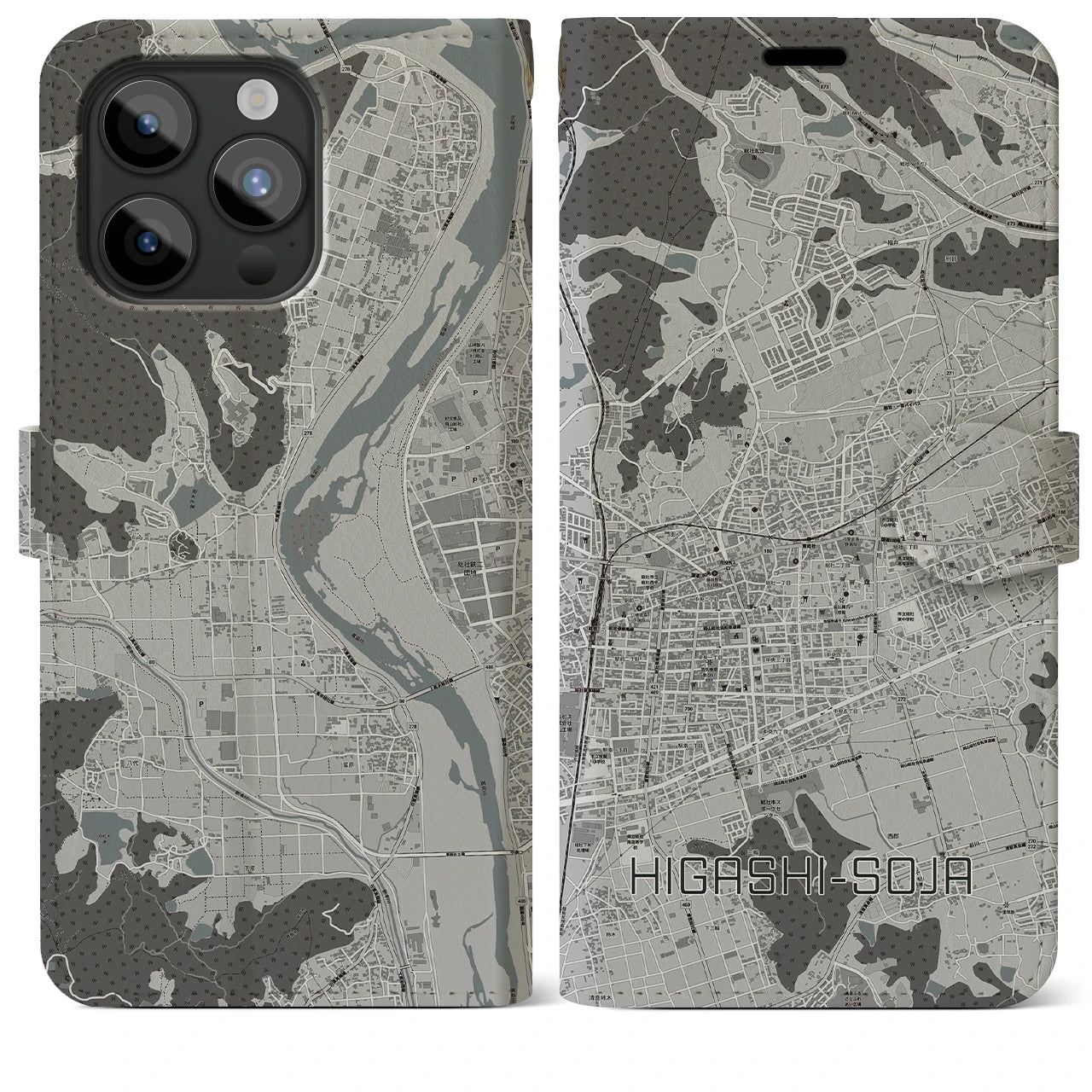 【東総社(岡山県)】地図柄iPhoneケース(手帳タイプ)モノトーン・iPhone 15 Pro Max 用