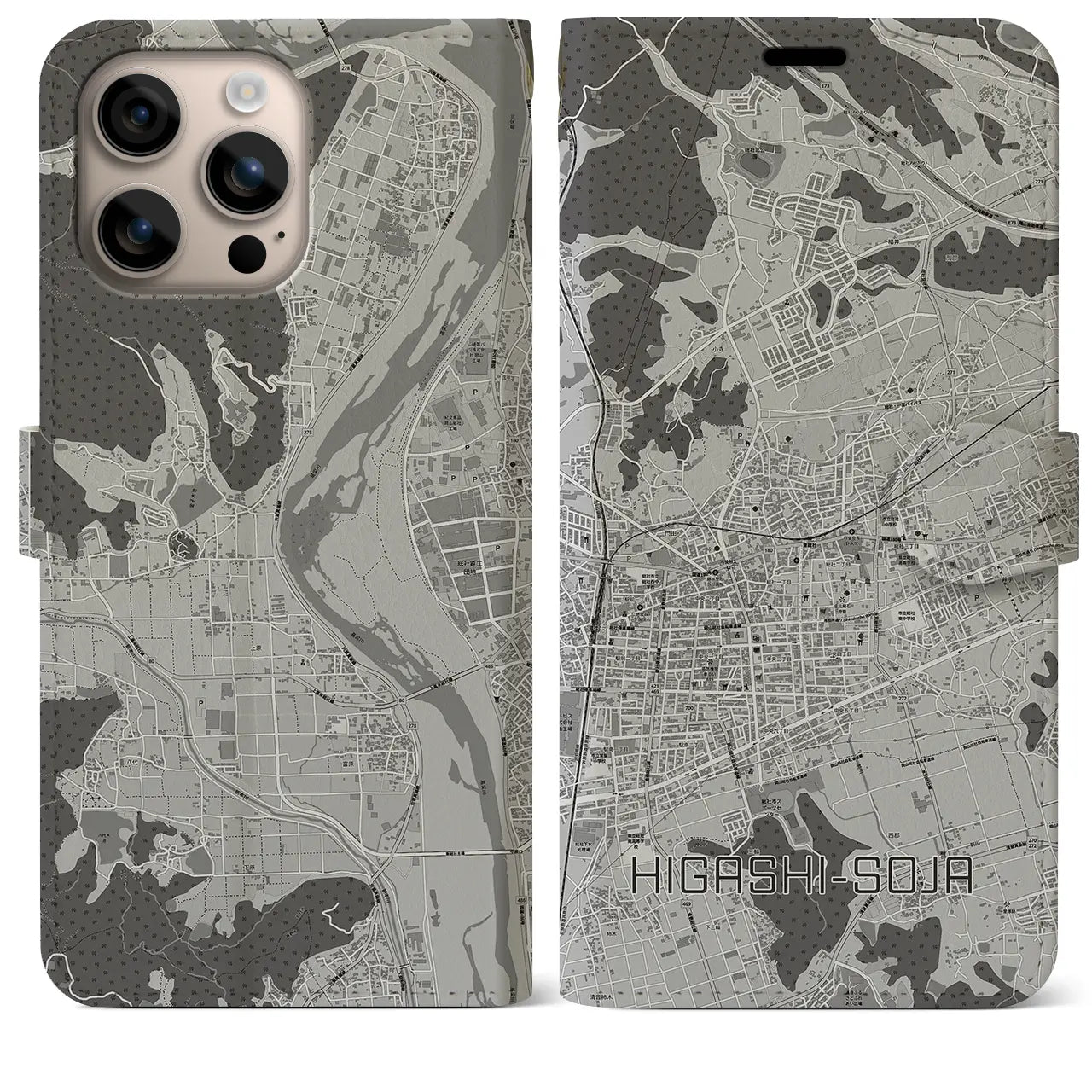 【東総社(岡山県)】地図柄iPhoneケース(手帳タイプ)モノトーン・iPhone 16 Plus 用