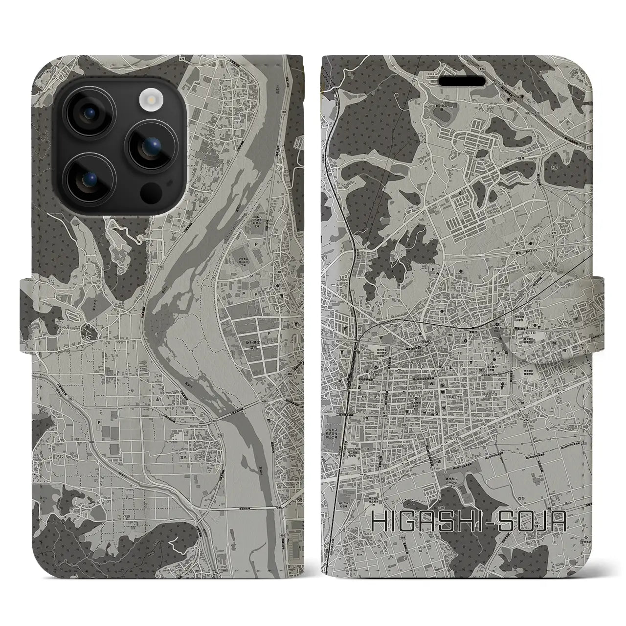 【東総社(岡山県)】地図柄iPhoneケース(手帳タイプ)モノトーン・iPhone 16 用