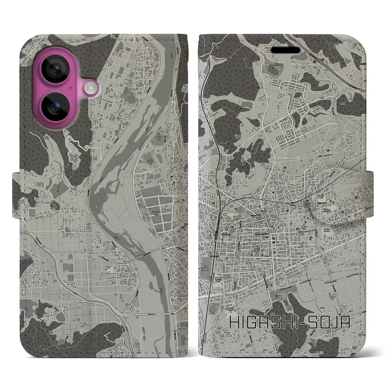 【東総社(岡山県)】地図柄iPhoneケース(手帳タイプ)モノトーン・iPhone 16 Pro 用