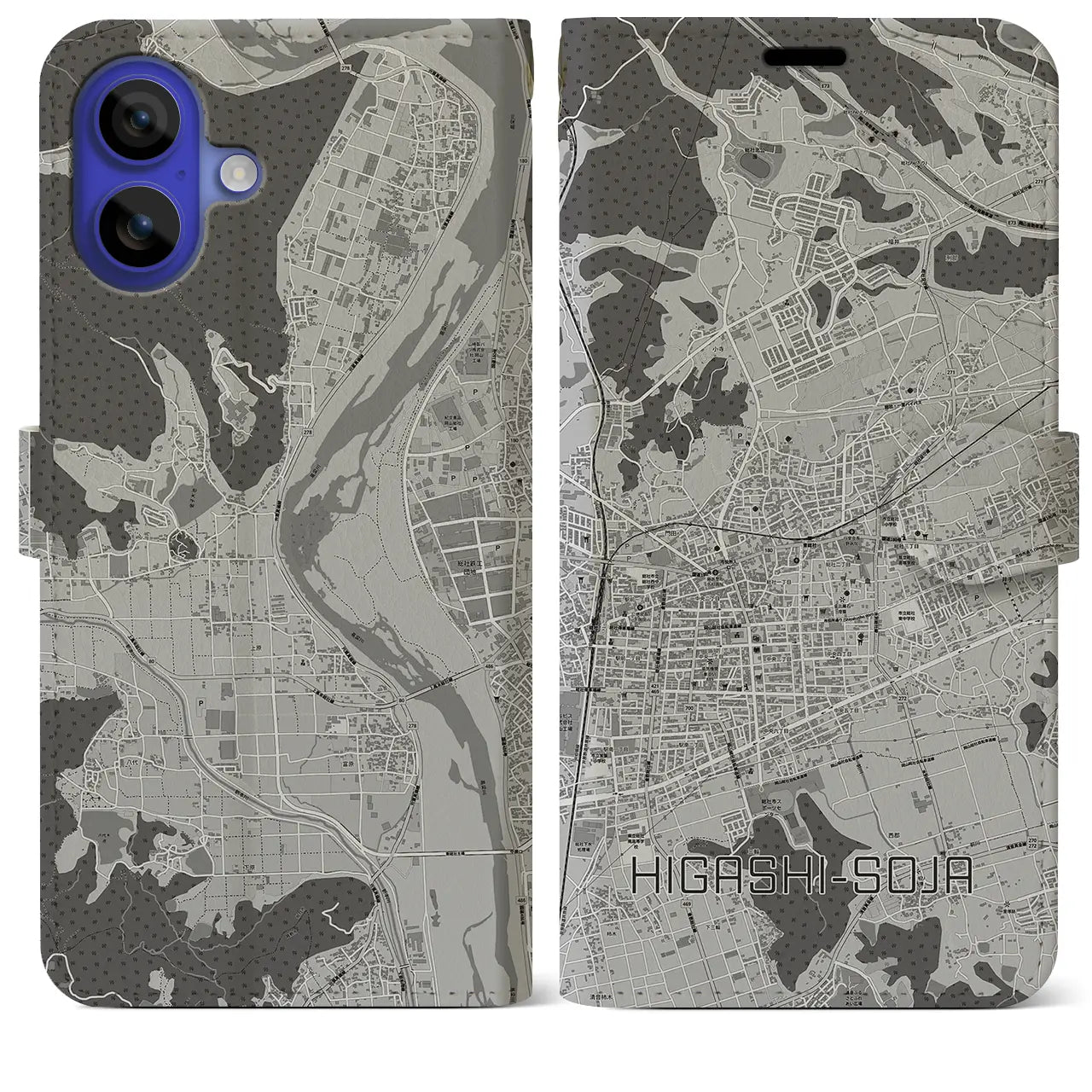 【東総社(岡山県)】地図柄iPhoneケース(手帳タイプ)モノトーン・iPhone 16 Pro Max 用