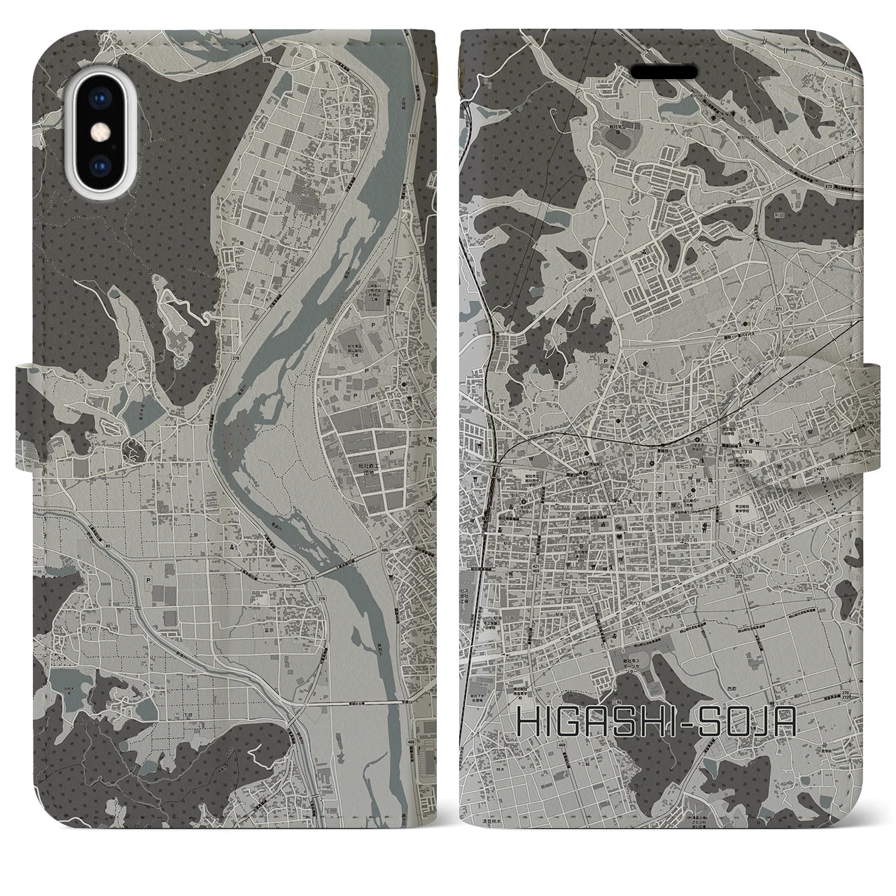 【東総社(岡山県)】地図柄iPhoneケース(手帳タイプ)モノトーン・iPhone XS Max 用