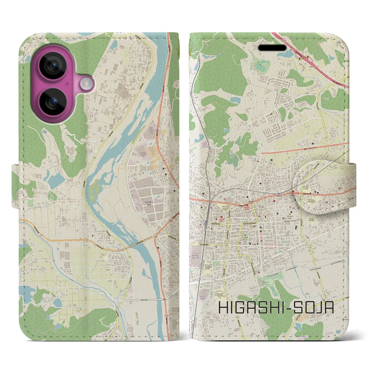 【東総社(岡山県)】地図柄iPhoneケース(手帳タイプ)ナチュラル・iPhone 16 Pro 用