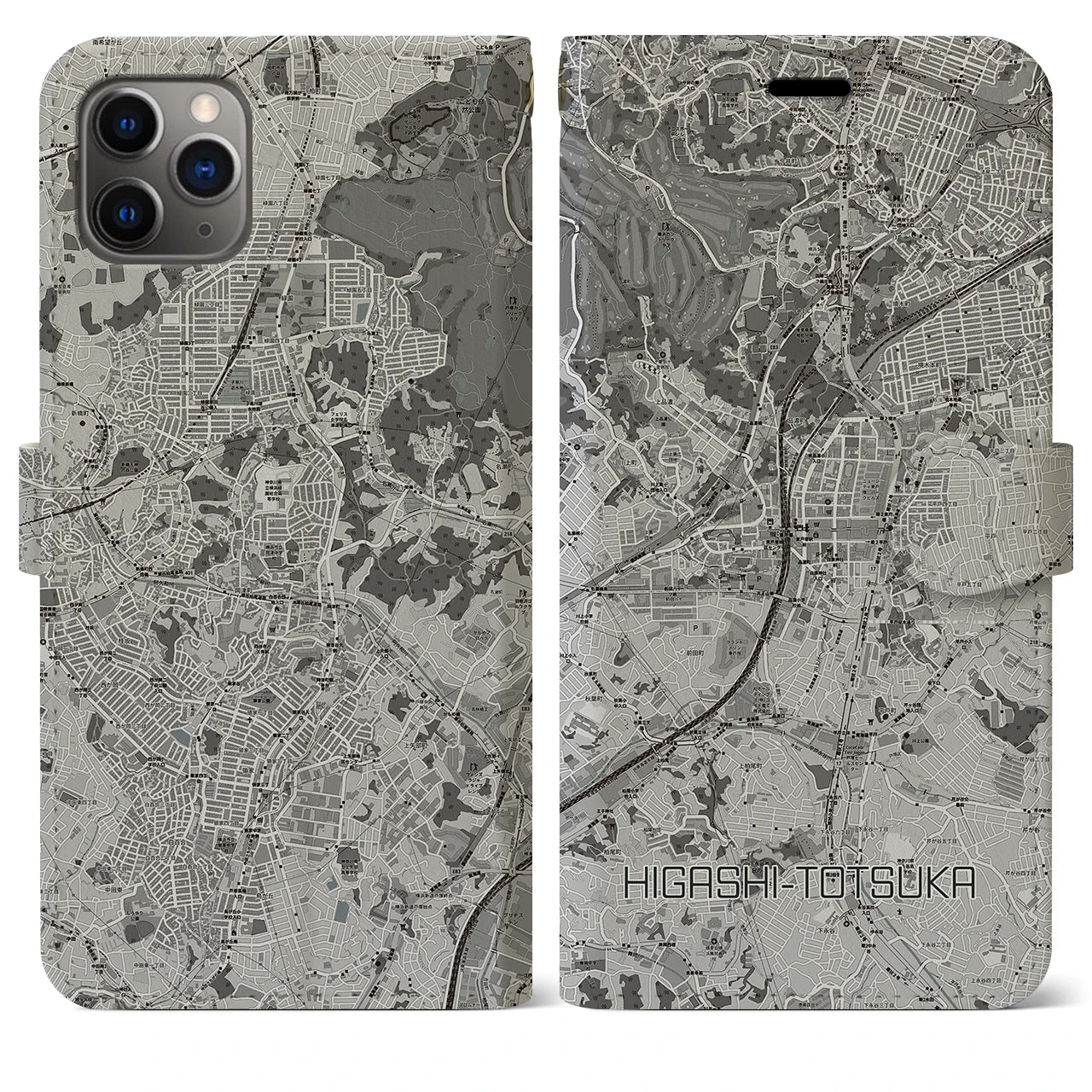 【東戸塚(神奈川県)】地図柄iPhoneケース(手帳タイプ)モノトーン・iPhone 11 Pro Max 用