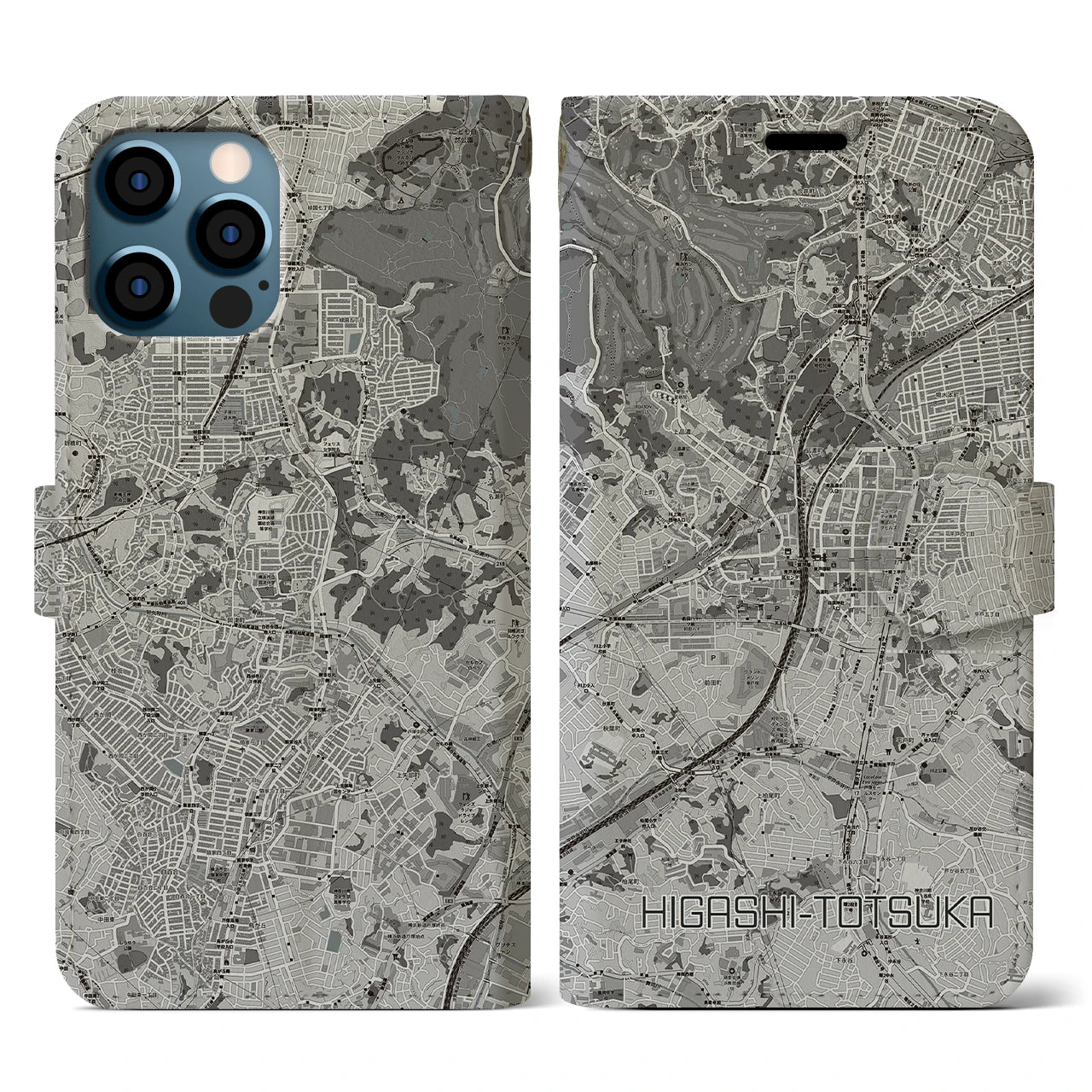 【東戸塚(神奈川県)】地図柄iPhoneケース(手帳タイプ)モノトーン・iPhone 12 / 12 Pro 用