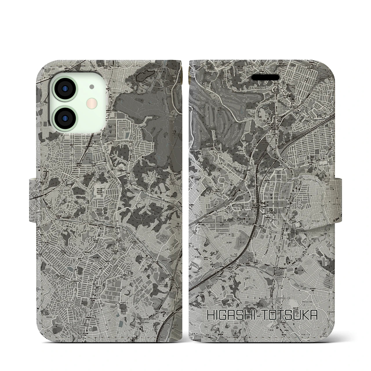 【東戸塚(神奈川県)】地図柄iPhoneケース(手帳タイプ)モノトーン・iPhone 12 mini 用