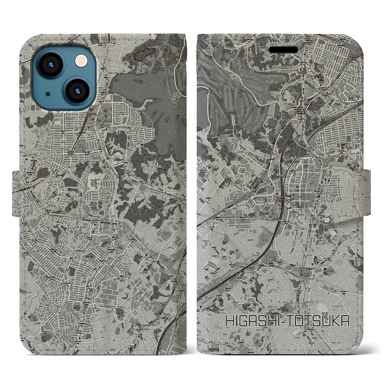 【東戸塚(神奈川県)】地図柄iPhoneケース(手帳タイプ)モノトーン・iPhone 13 用