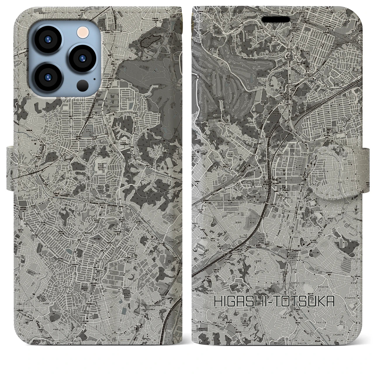 【東戸塚(神奈川県)】地図柄iPhoneケース(手帳タイプ)モノトーン・iPhone 13 Pro Max 用