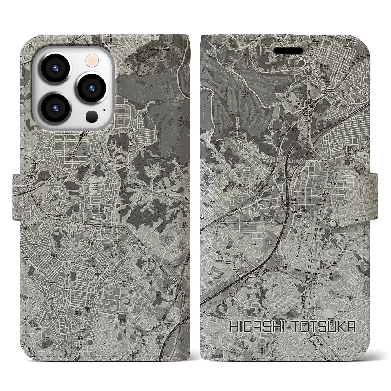 【東戸塚(神奈川県)】地図柄iPhoneケース(手帳タイプ)モノトーン・iPhone 13 Pro 用